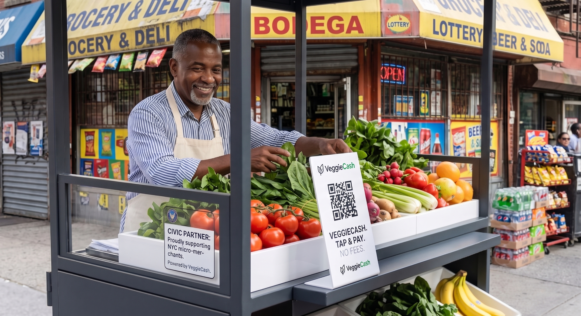 A bodega micro-merchant in Harlem displaying a VeggieCash tap-to-pay sign on a produce cart